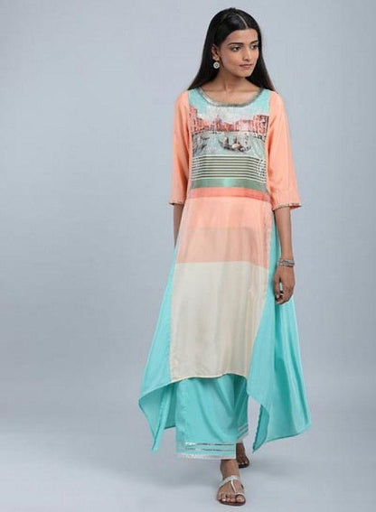 W for Woman Blue & Peach Round Neck Asymmetrical kurta