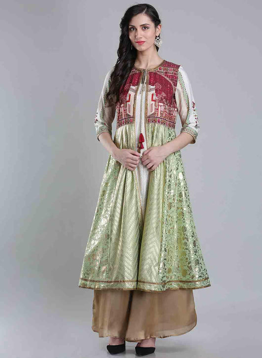 W for Woman White & Green Round Neck kurta