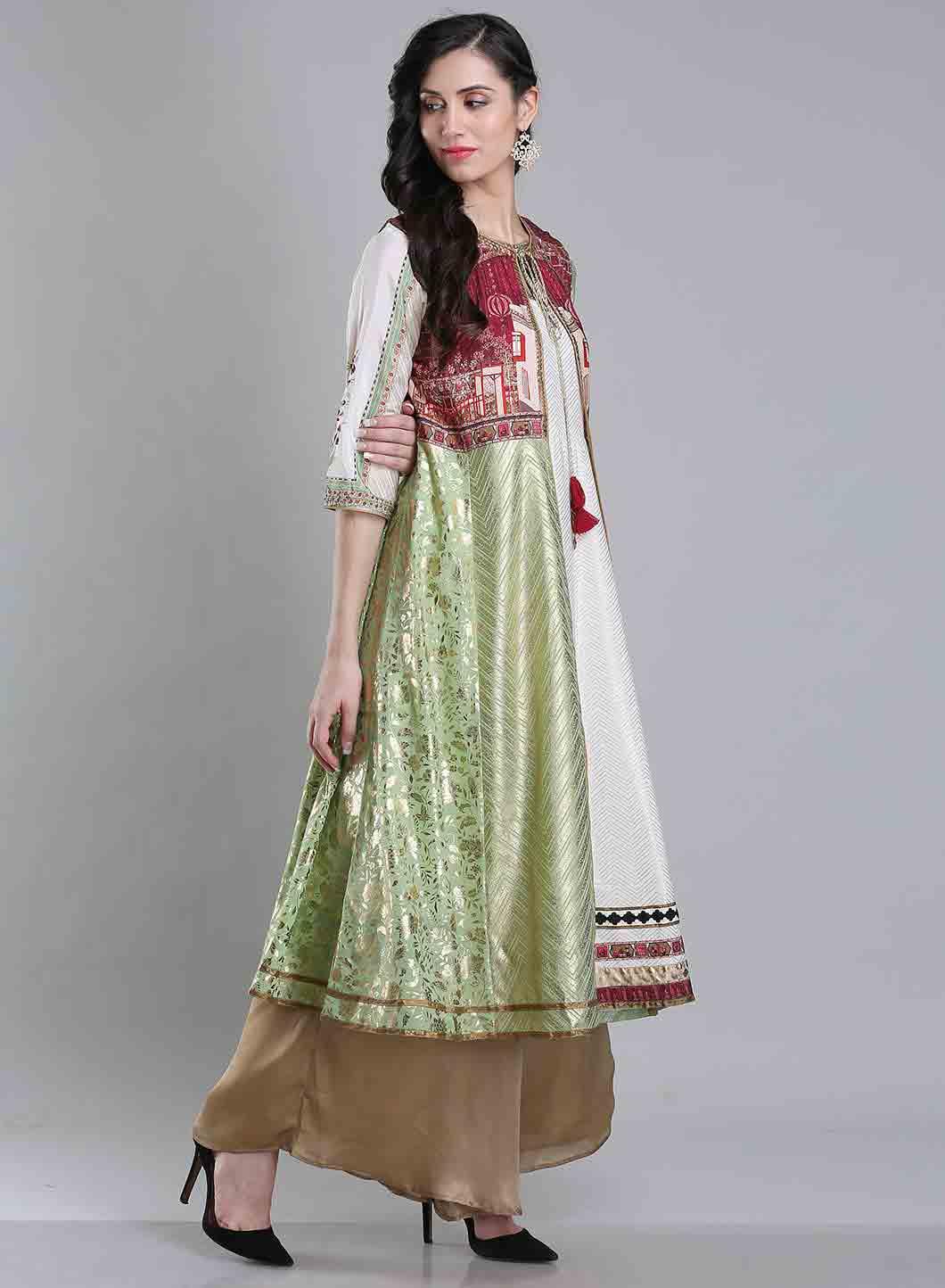 W for Woman White & Green Round Neck kurta