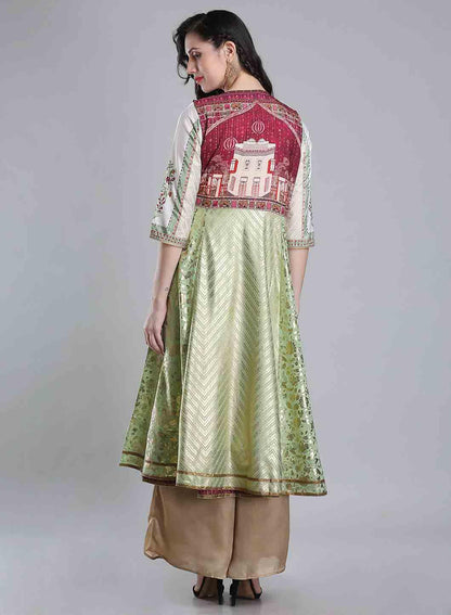 W for Woman White & Green Round Neck kurta