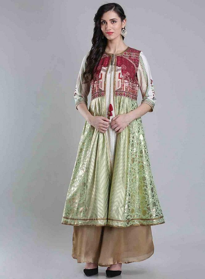 W for Woman White & Green Round Neck kurta