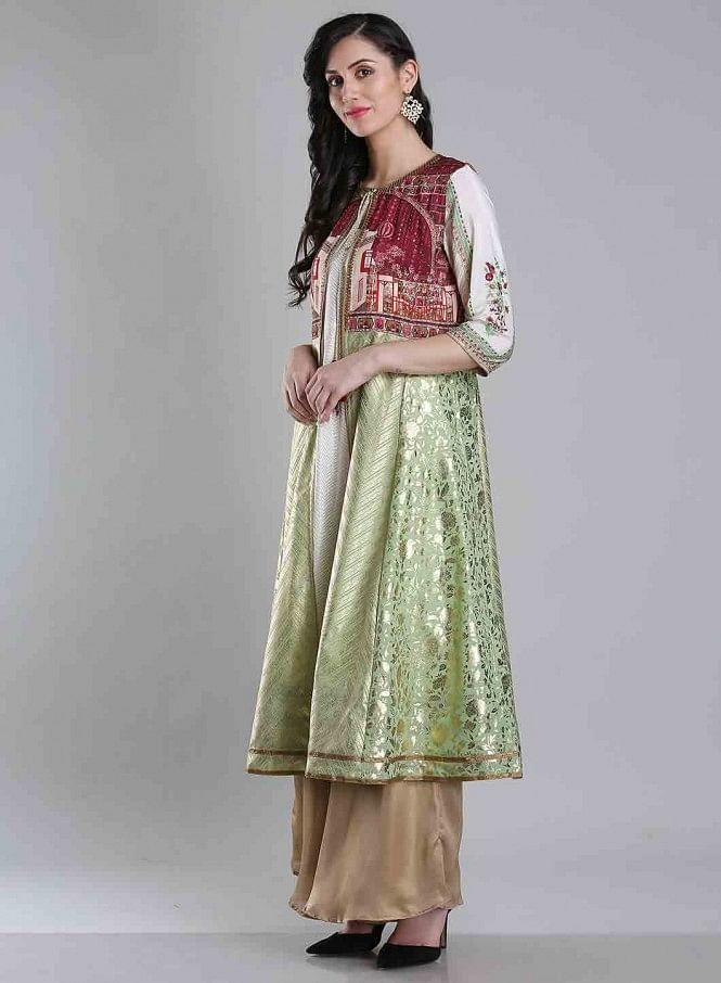 W for Woman White & Green Round Neck kurta