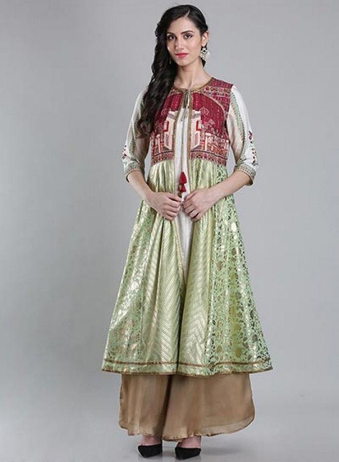 W for Woman White & Green Round Neck kurta
