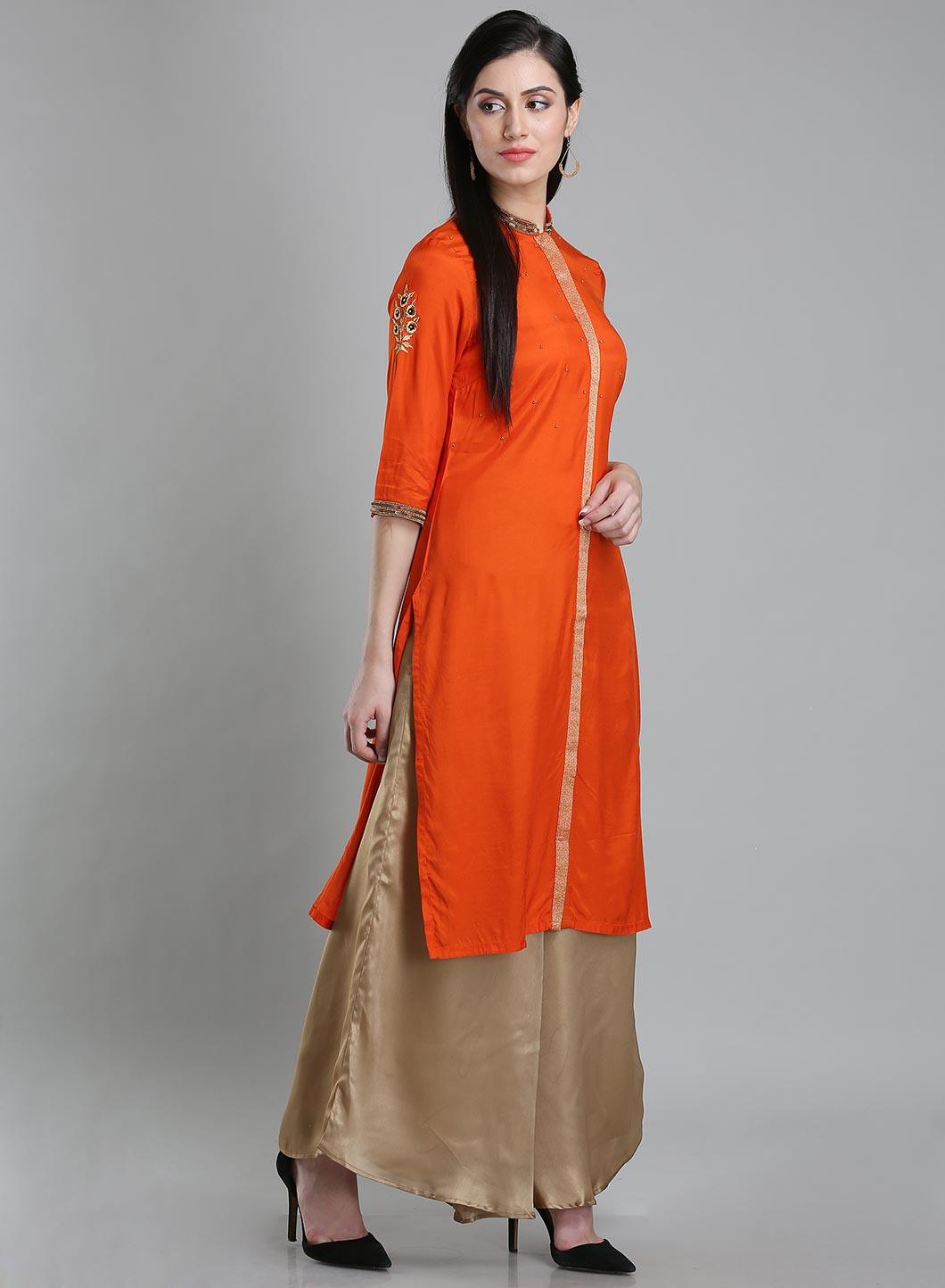 W for Woman Orange Solid Mandarin Neck kurta