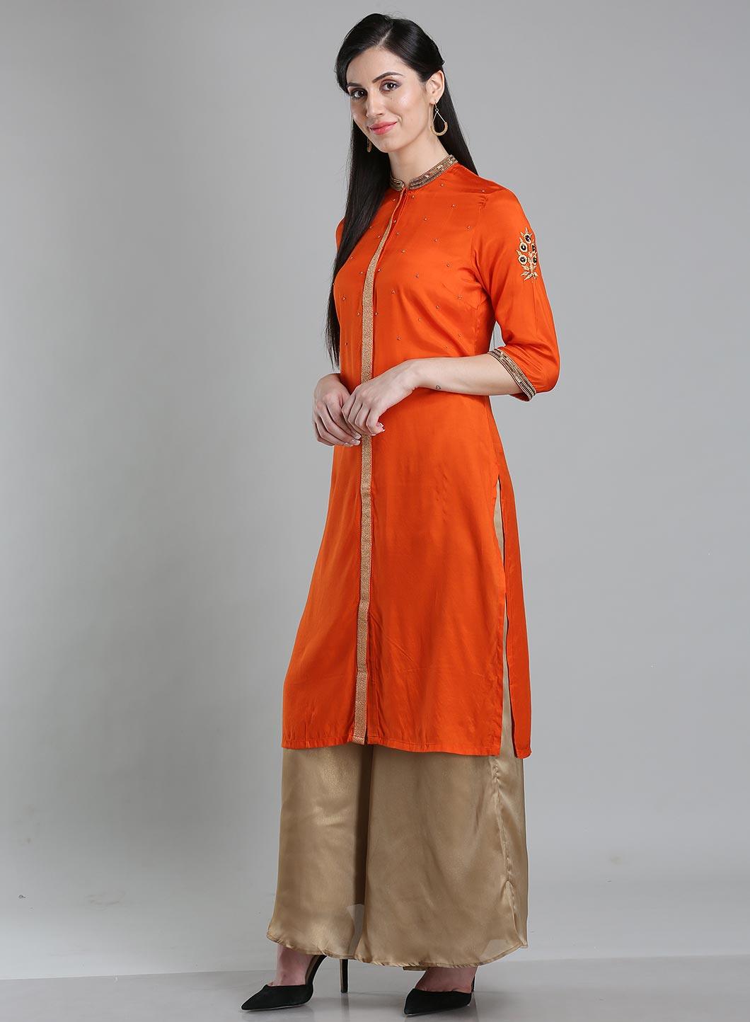 W for Woman Orange Solid Mandarin Neck kurta