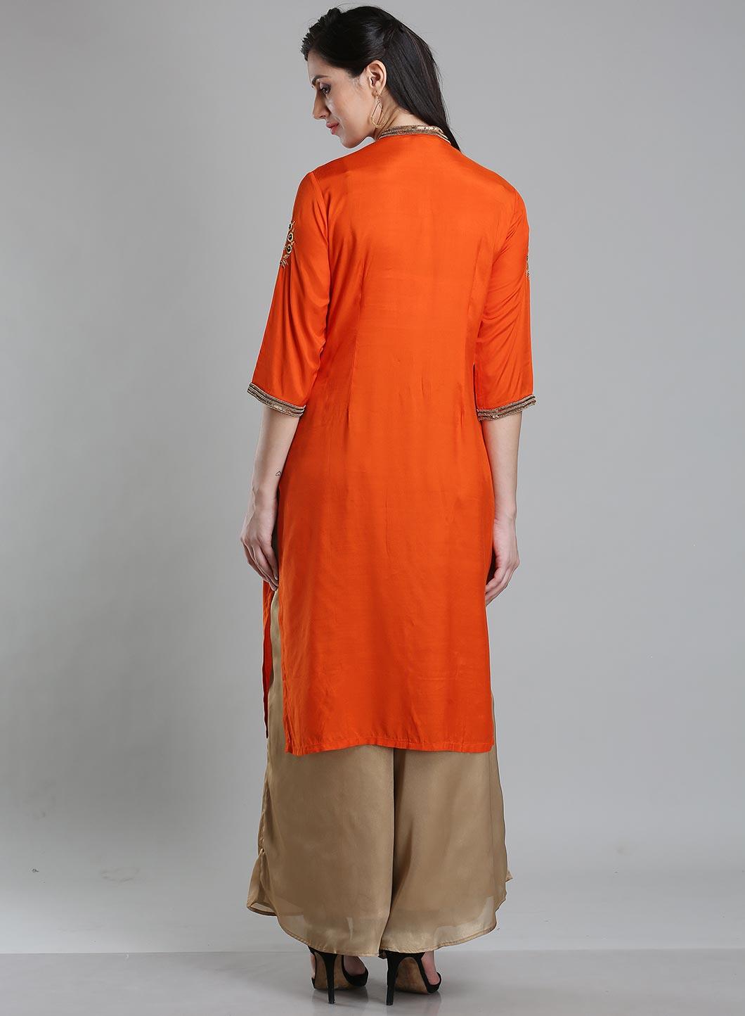 W for Woman Orange Solid Mandarin Neck kurta