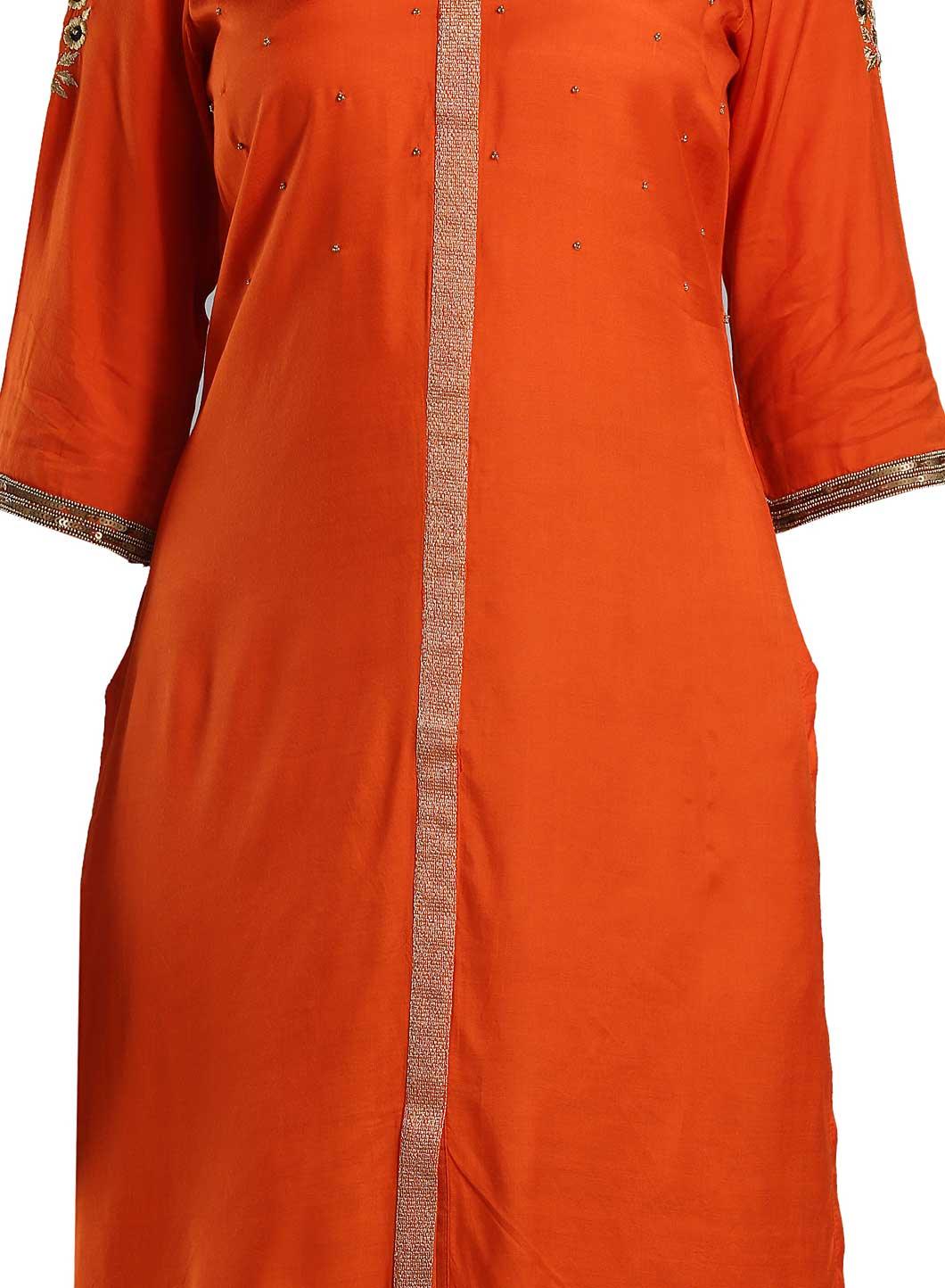 W for Woman Orange Solid Mandarin Neck kurta