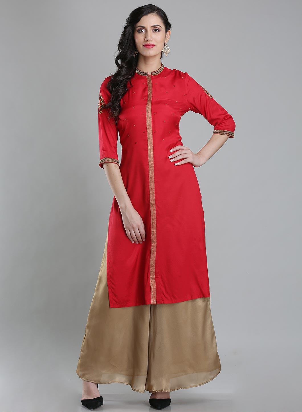W for Woman Red Mandarin Neck 3/4 Sleeves kurta