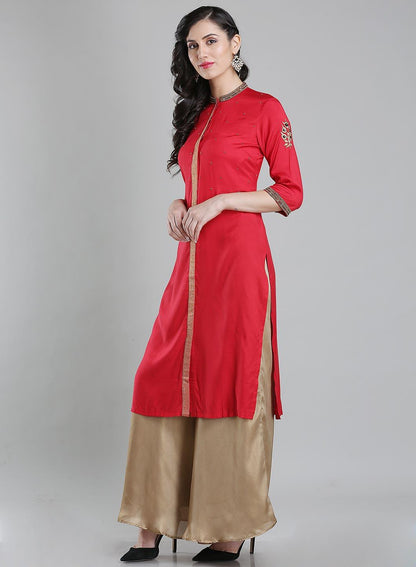 W for Woman Red Mandarin Neck 3/4 Sleeves kurta