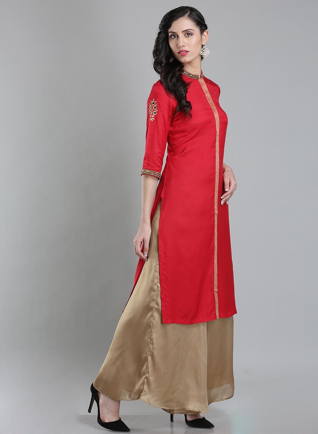 W for Woman Red Mandarin Neck 3/4 Sleeves kurta
