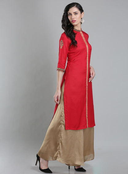 W for Woman Red Mandarin Neck 3/4 Sleeves kurta