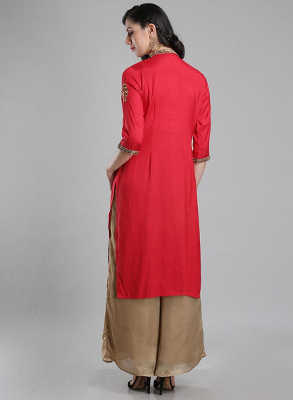 W for Woman Red Mandarin Neck 3/4 Sleeves kurta