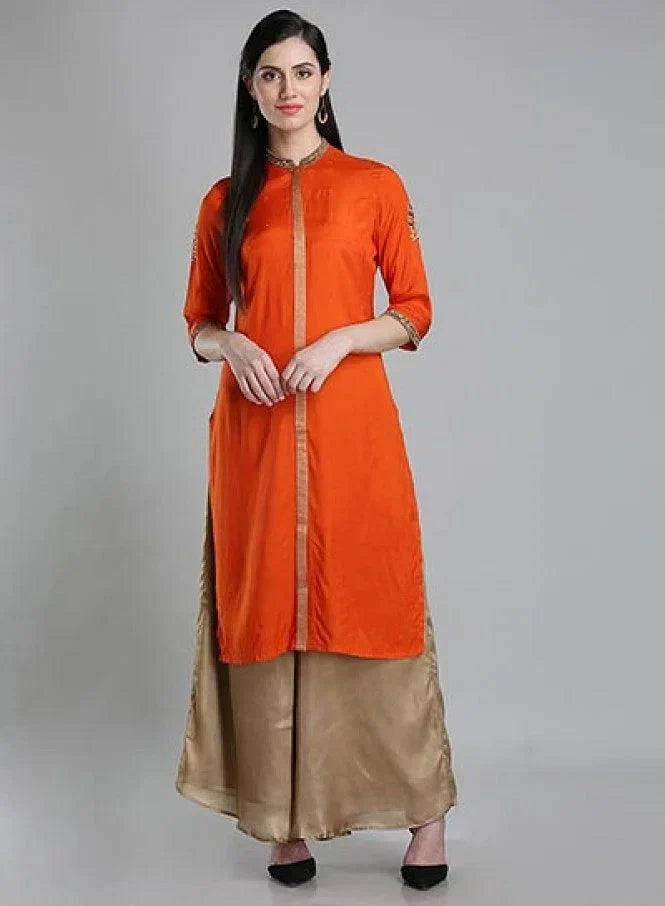 W for Woman Orange Solid Mandarin Neck kurta