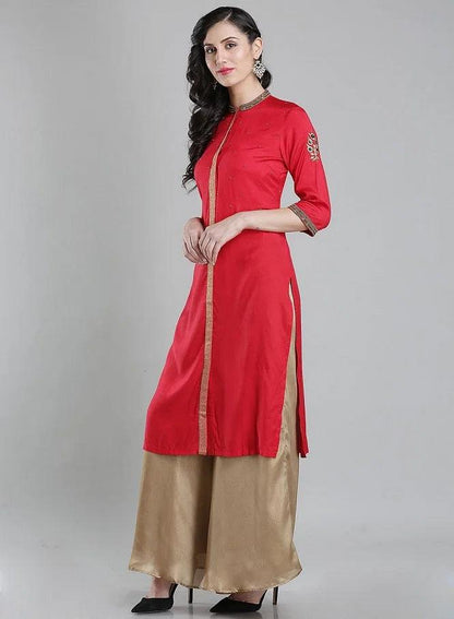 W for Woman Red Mandarin Neck 3/4 Sleeves kurta