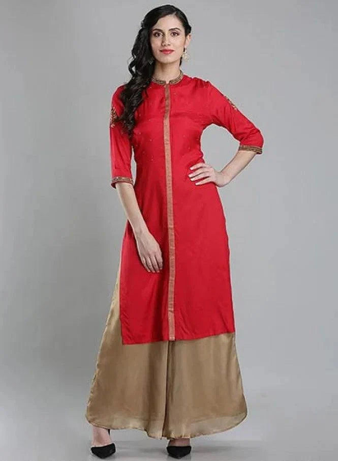 W for Woman Red Mandarin Neck 3/4 Sleeves kurta