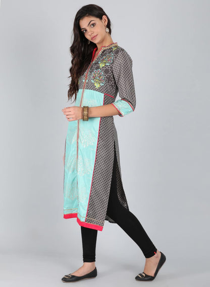 W for Woman Grey Mandarin Neck Printed kurta
