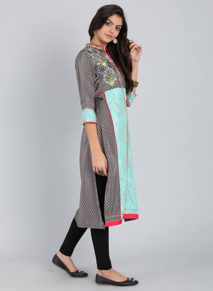 W for Woman Grey Mandarin Neck Printed kurta