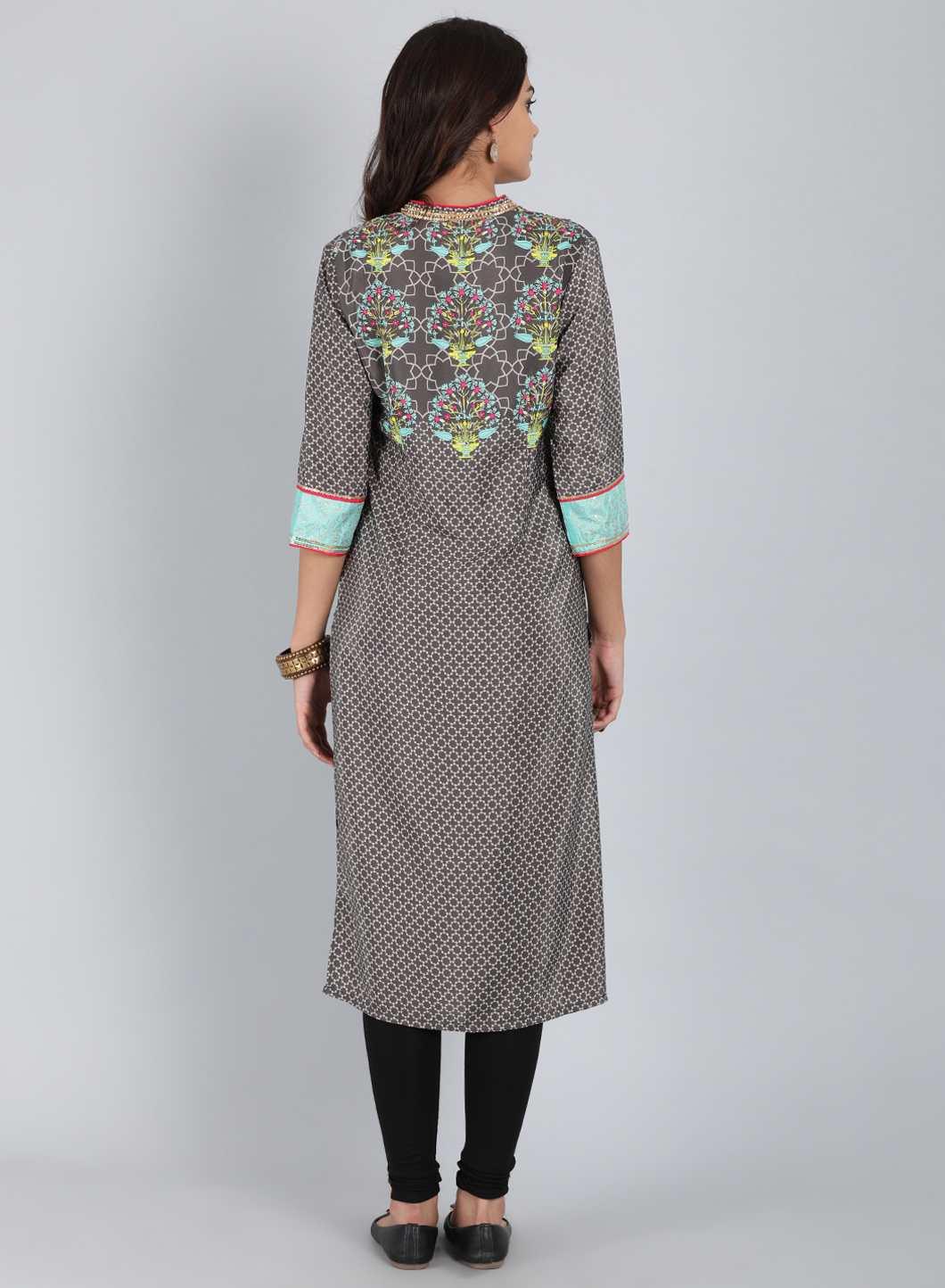 W for Woman Grey Mandarin Neck Printed kurta