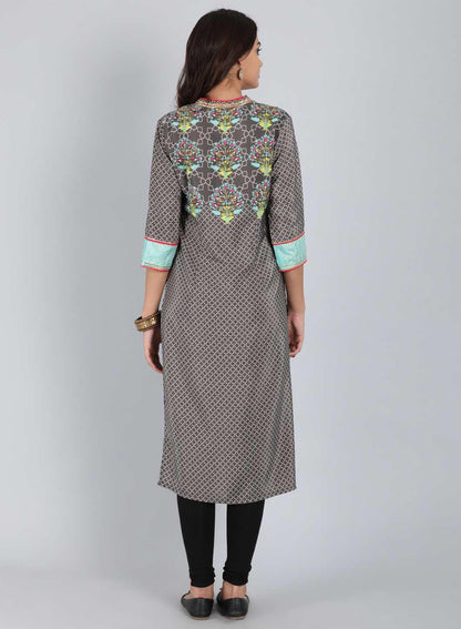 W for Woman Grey Mandarin Neck Printed kurta