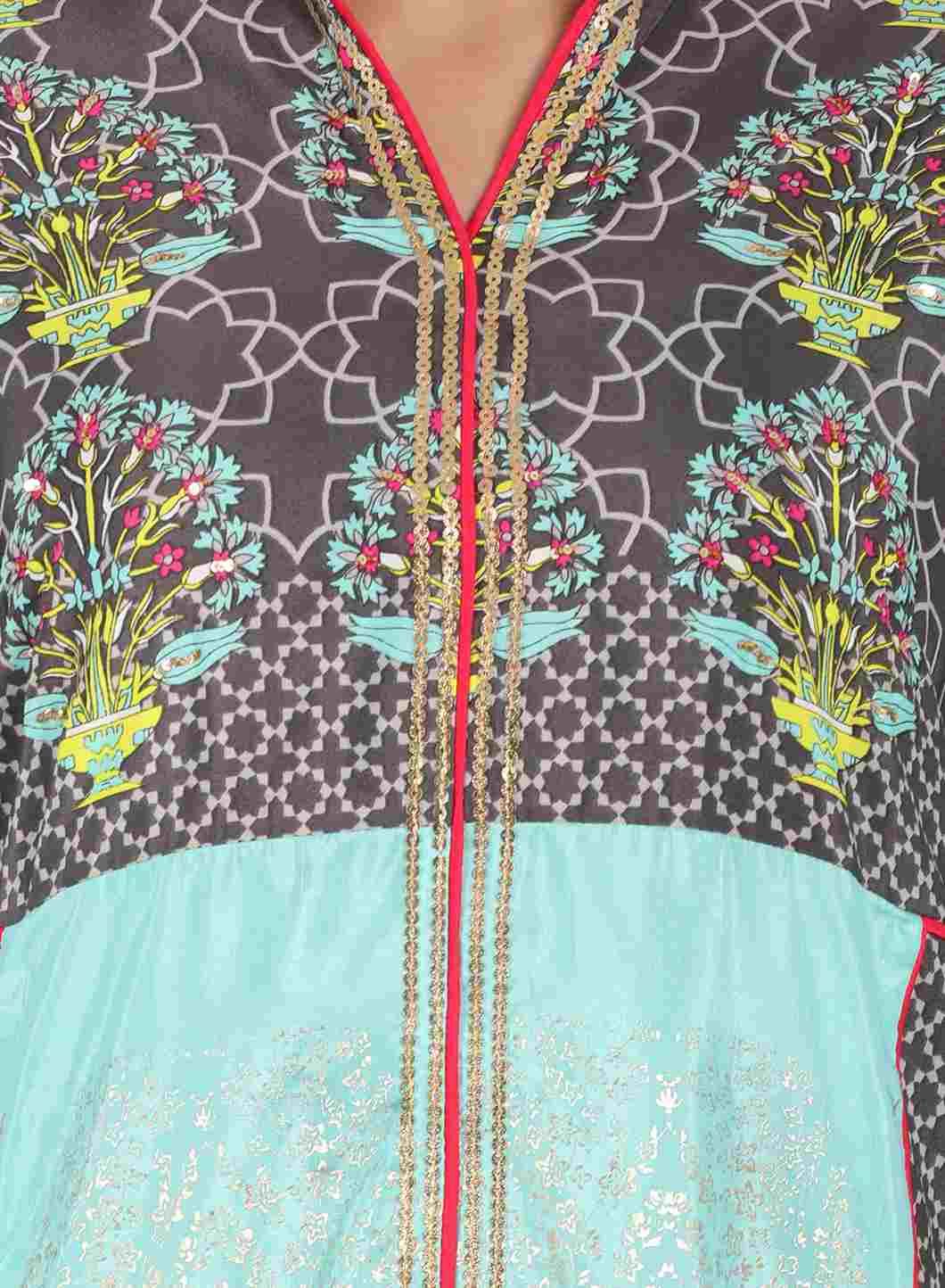 W for Woman Grey Mandarin Neck Printed kurta