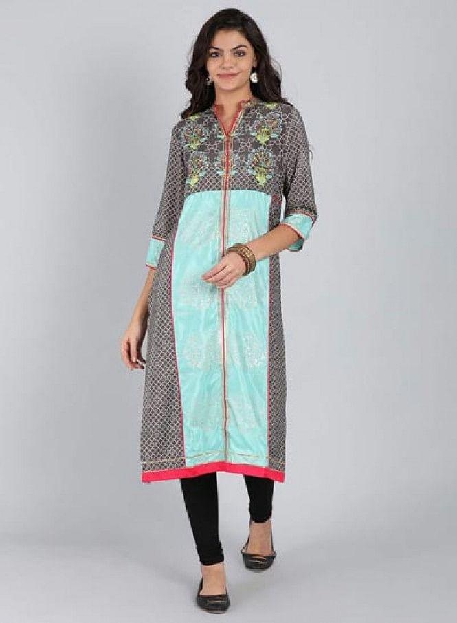 W for Woman Grey Mandarin Neck Printed kurta