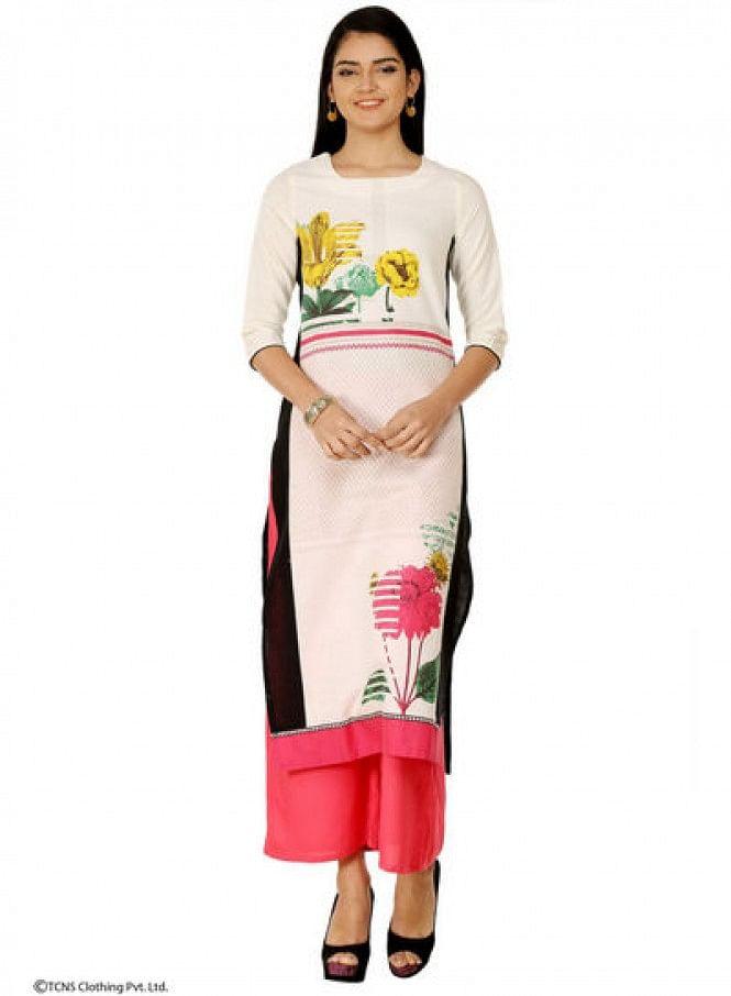 W for Woman White Printed 3/4 Sleeve kurta
