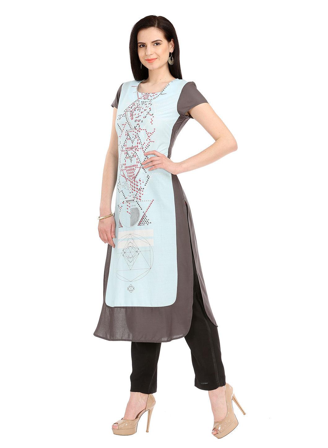 W for Woman Grey Printed Short Sleeve kurta