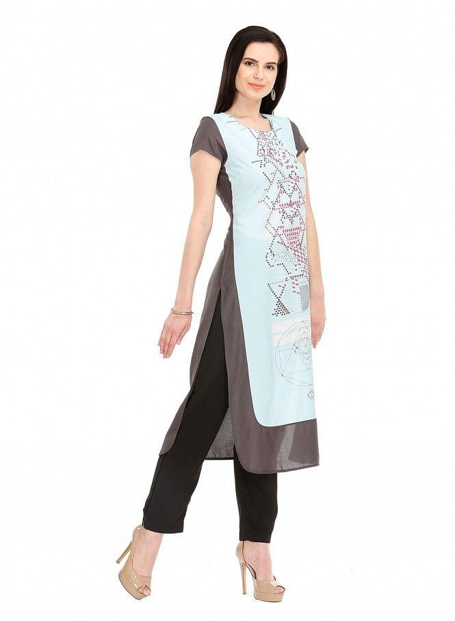 W for Woman Grey Printed Short Sleeve kurta