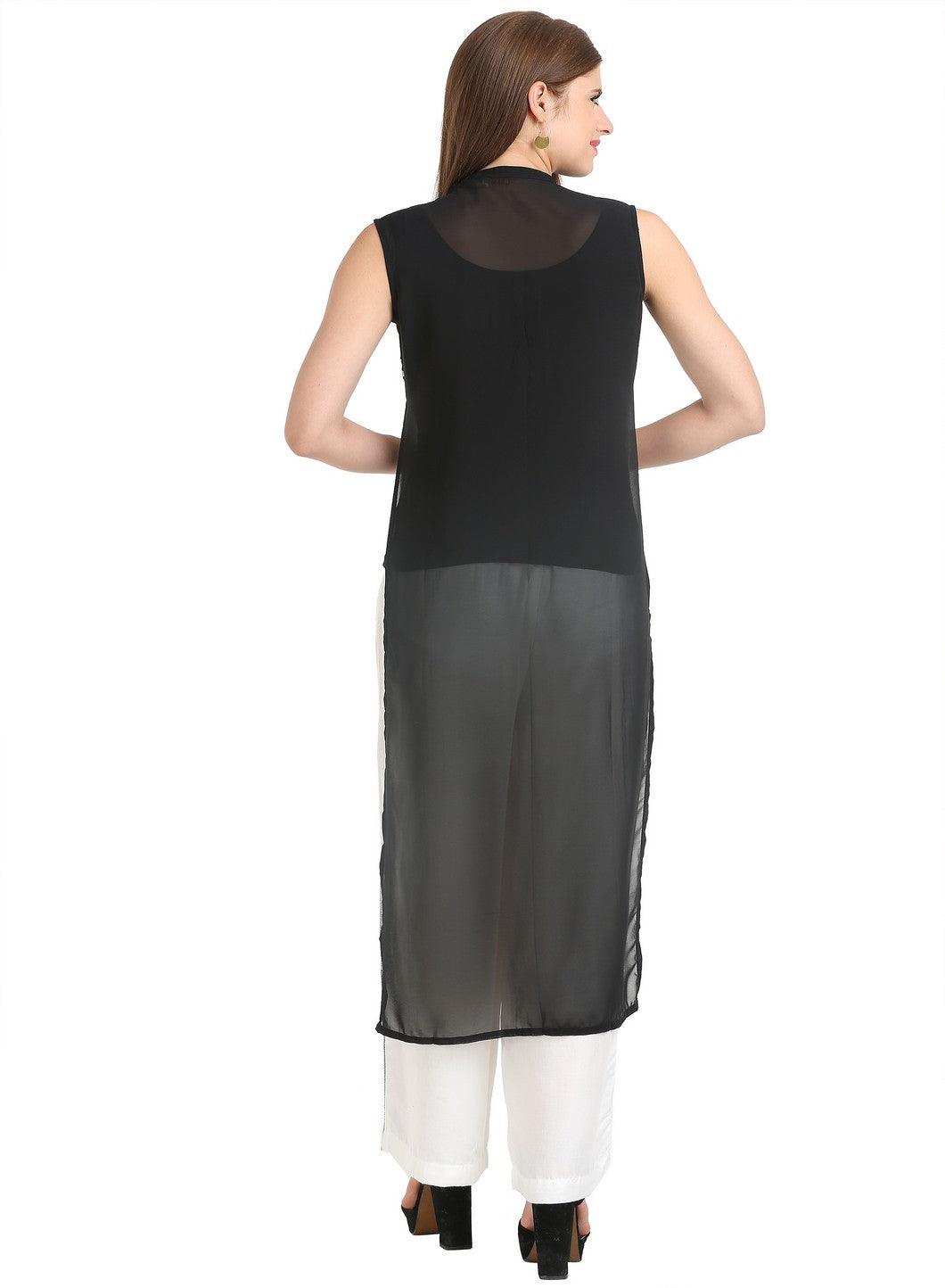 W for Woman White & Black Sleeveless Printed Gillet