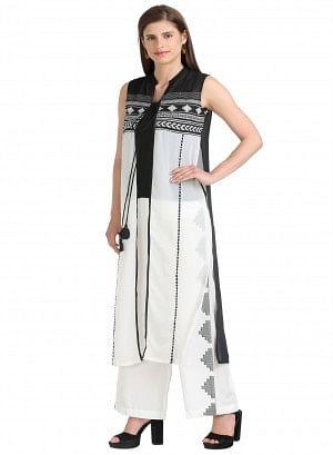 W for Woman White & Black Sleeveless Printed Gillet