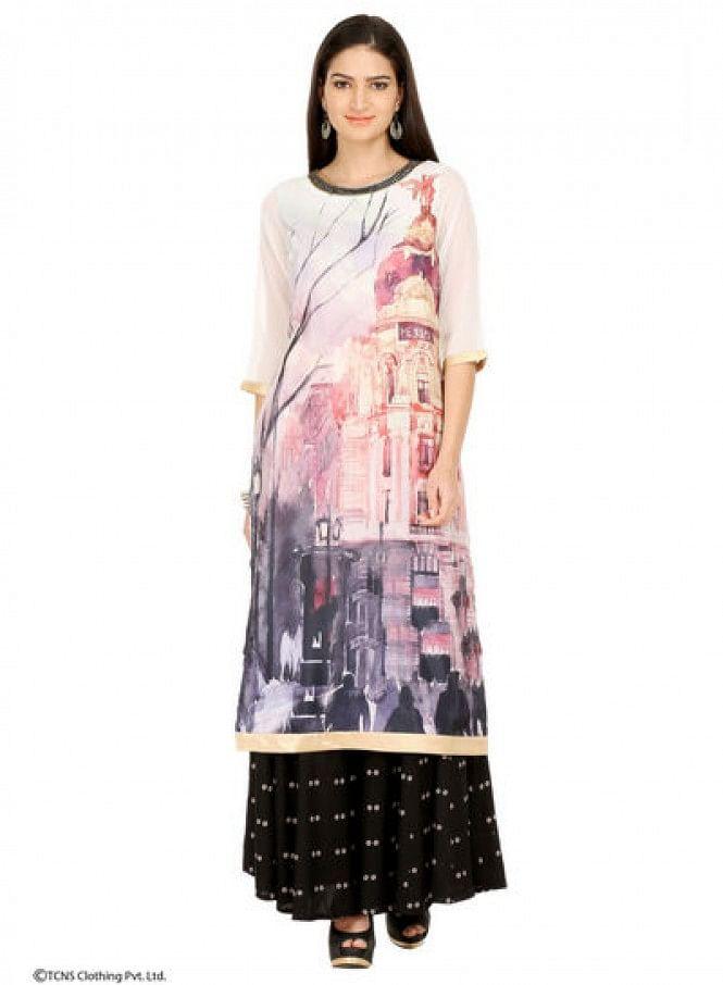 W for Woman Off-White Printed 3/4 Sleeve kurta