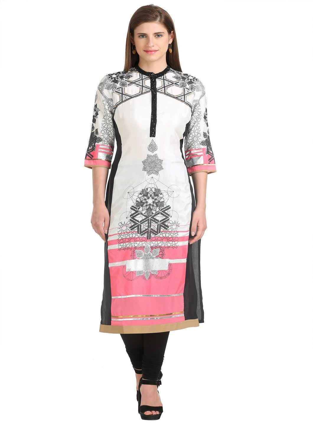 W for Woman Off White 3/4 Sleeve Mandarin Collar Ecru kurta