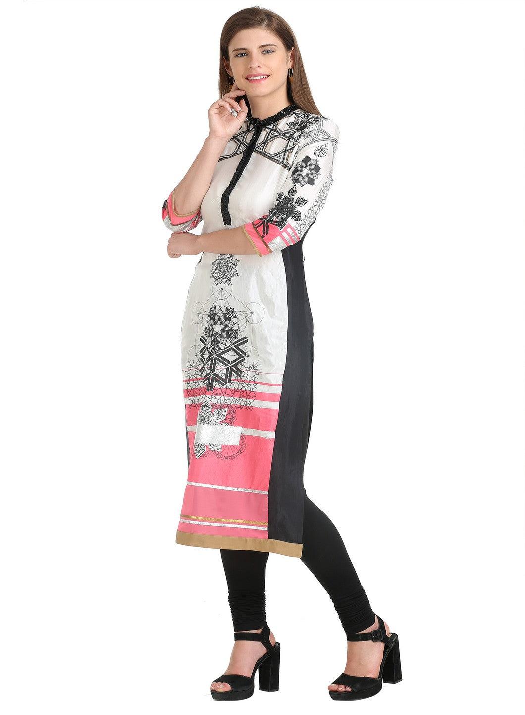 W for Woman Off White 3/4 Sleeve Mandarin Collar Ecru kurta