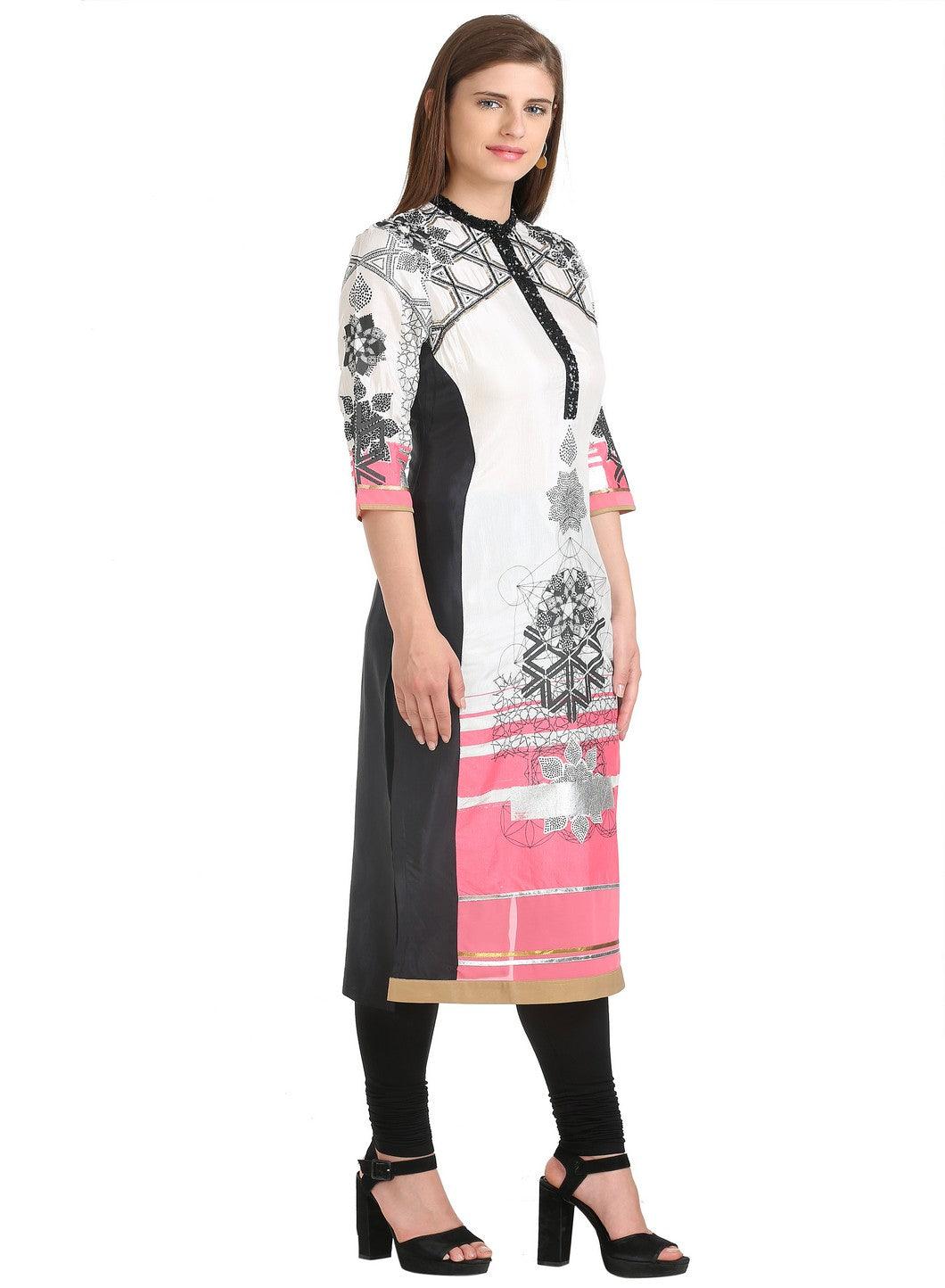 W for Woman Off White 3/4 Sleeve Mandarin Collar Ecru kurta