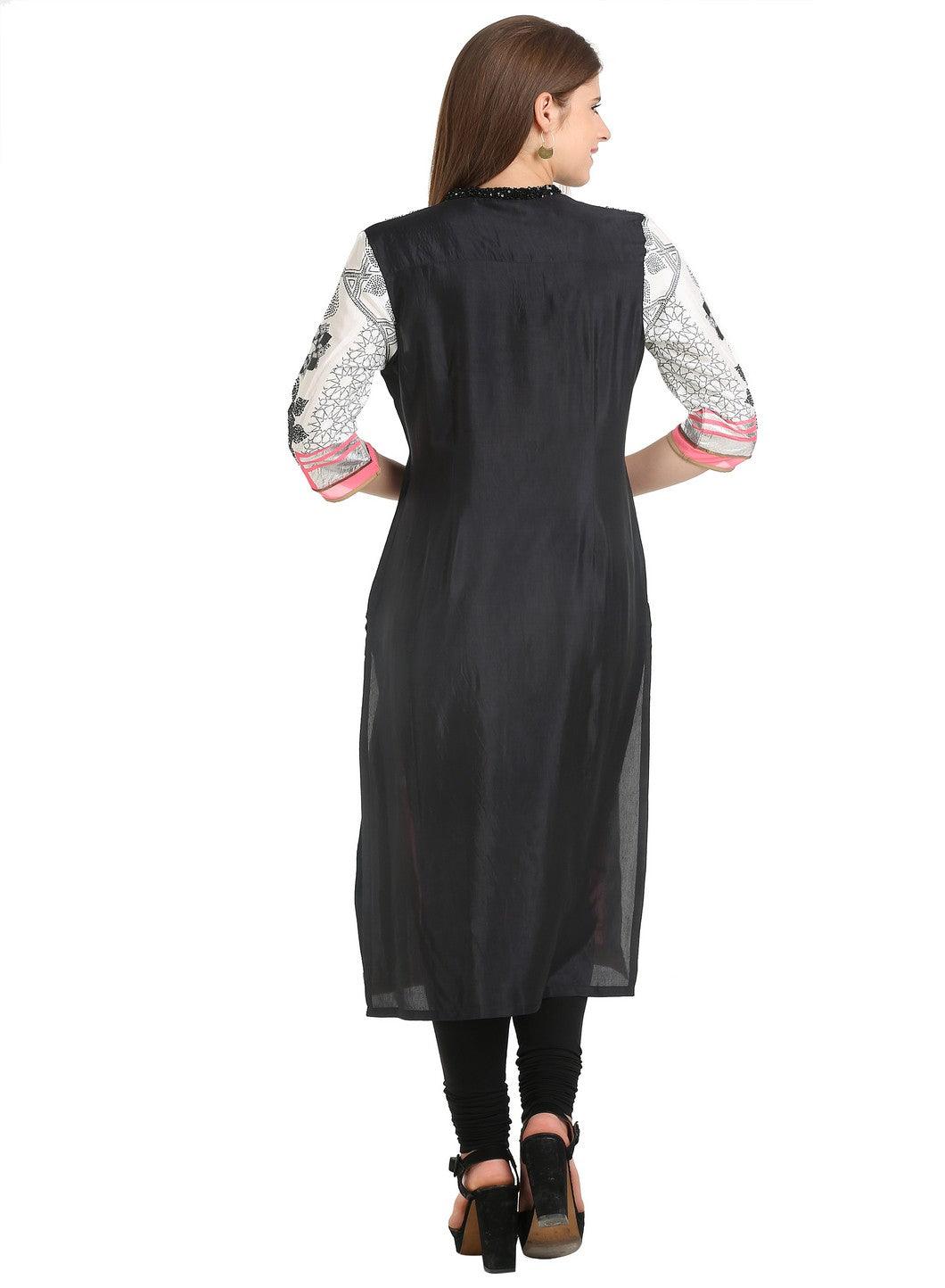 W for Woman Off White 3/4 Sleeve Mandarin Collar Ecru kurta