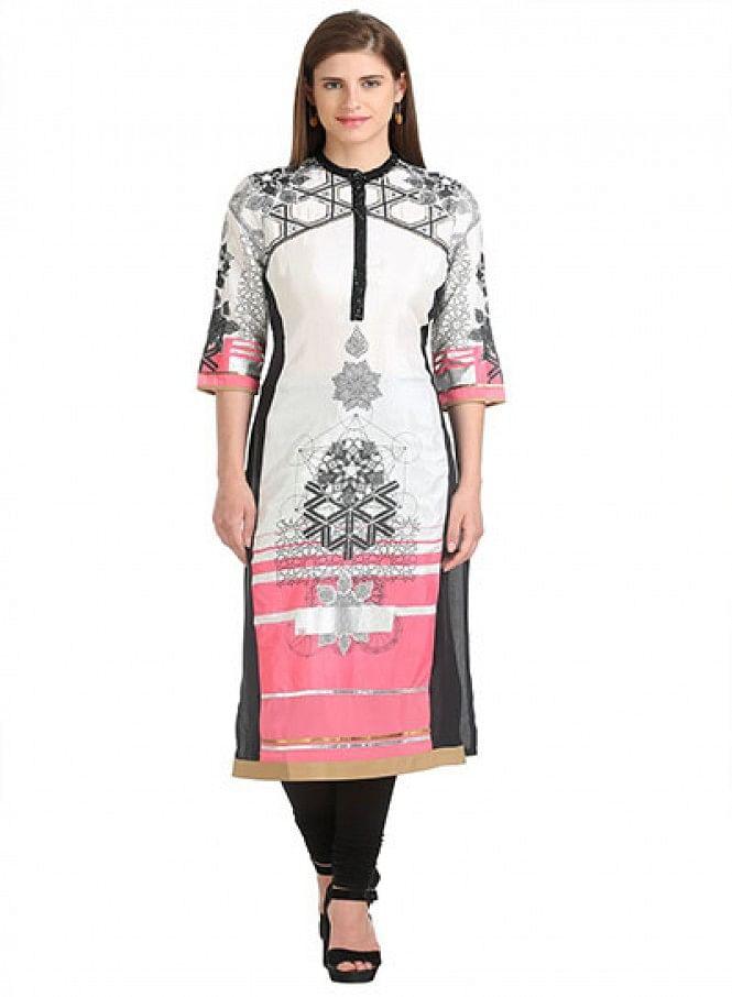 W for Woman Off White 3/4 Sleeve Mandarin Collar Ecru kurta