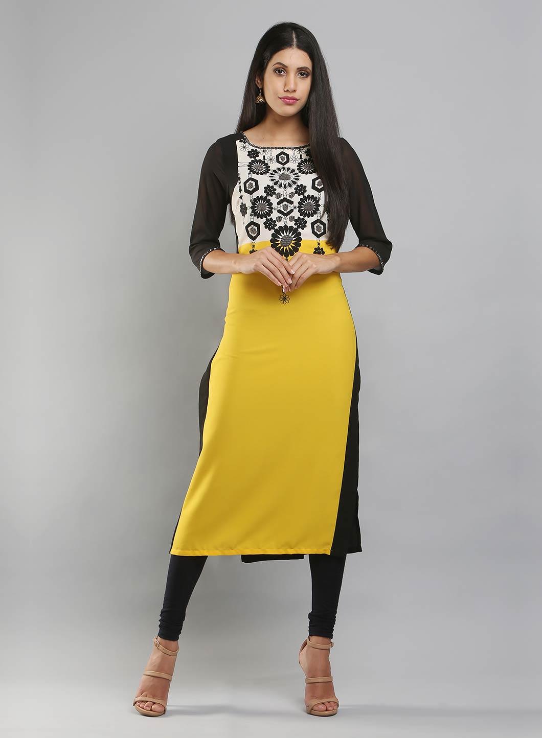 W for Woman Yellow & Black Colorblocked Printed kurta