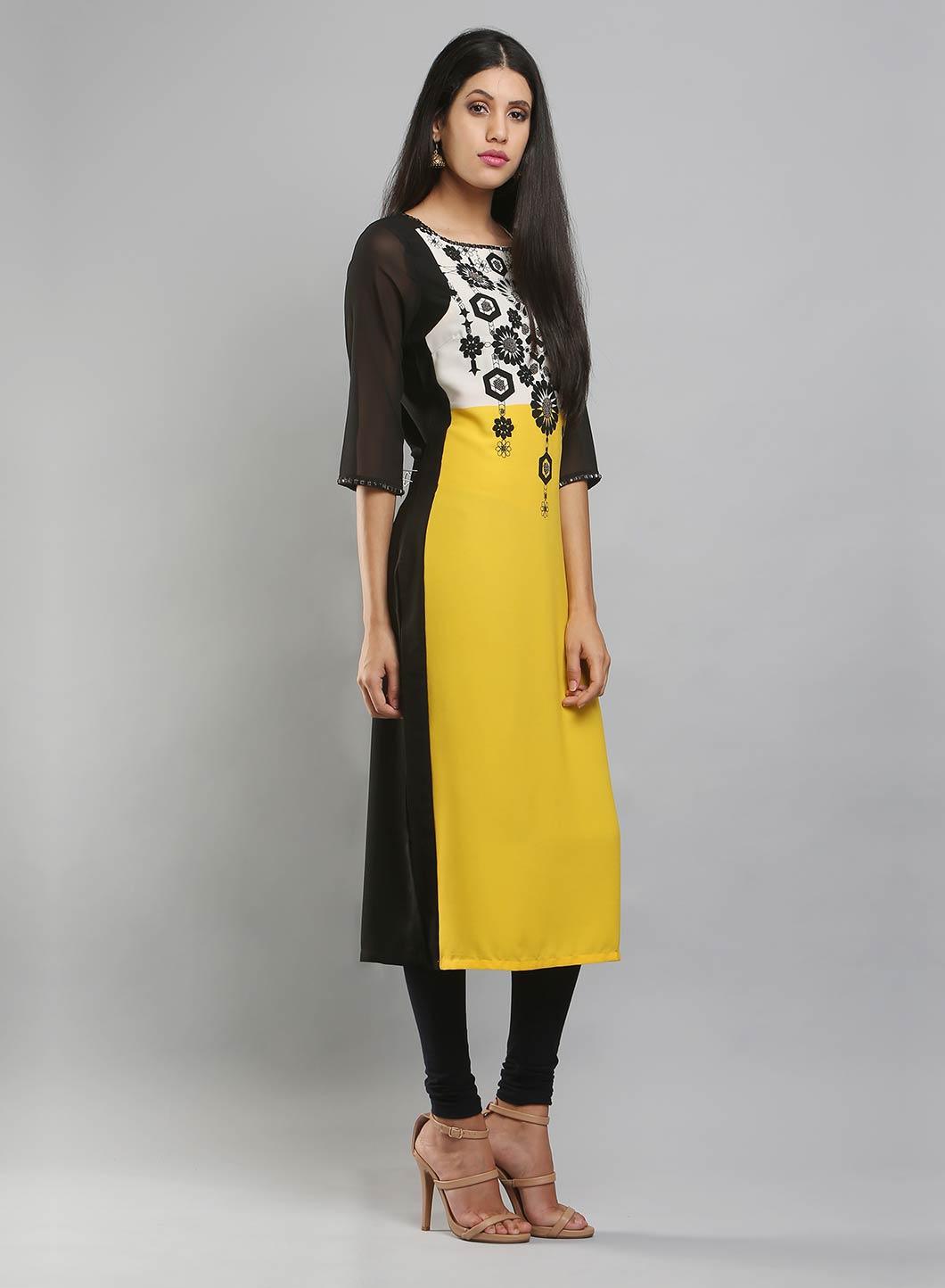 W for Woman Yellow & Black Colorblocked Printed kurta