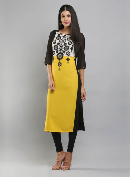 W for Woman Yellow & Black Colorblocked Printed kurta