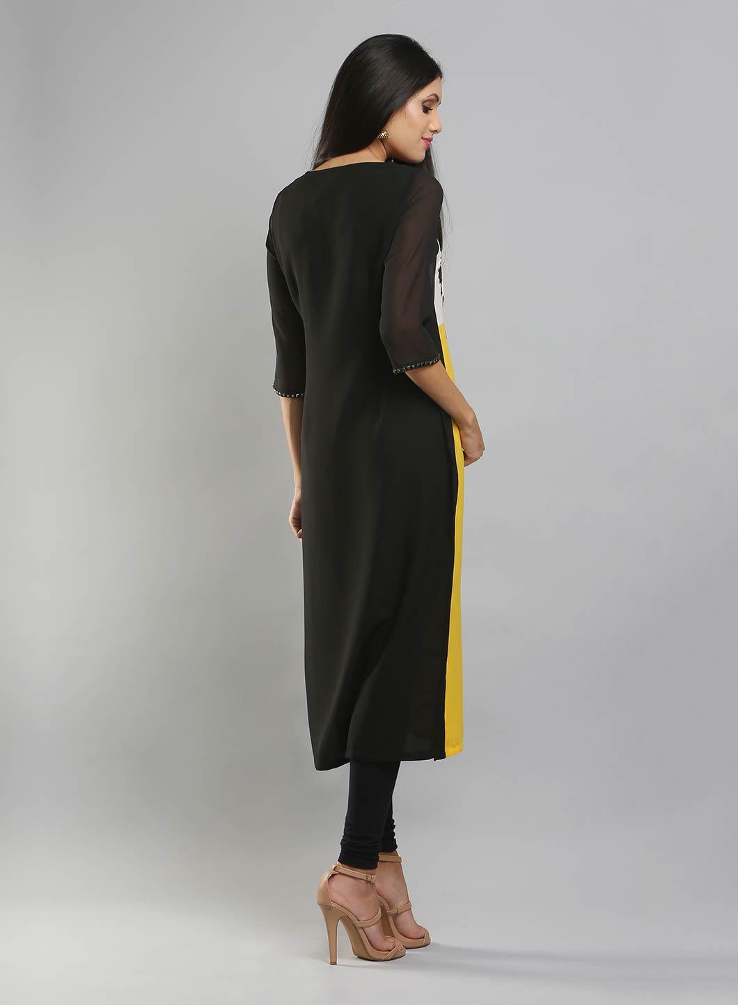 W for Woman Yellow & Black Colorblocked Printed kurta