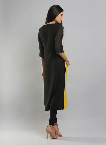W for Woman Yellow & Black Colorblocked Printed kurta