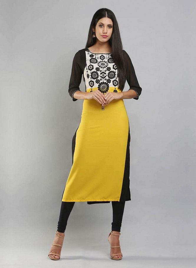 W for Woman Yellow & Black Colorblocked Printed kurta