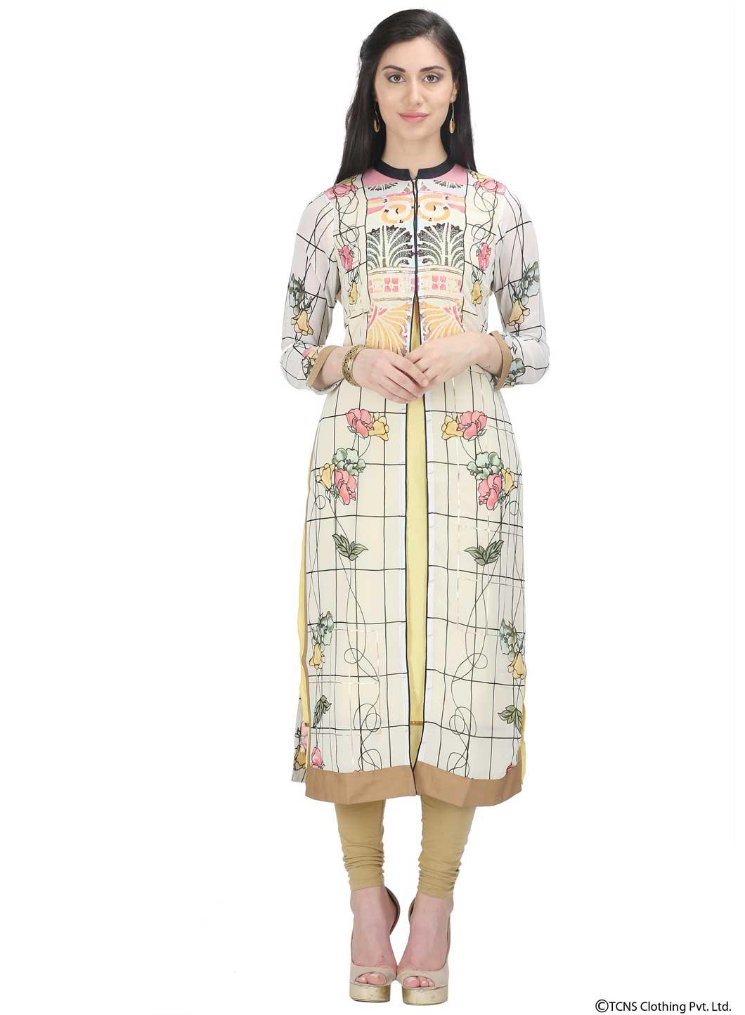 W for Woman White Printed 3/4 Sleeve kurta