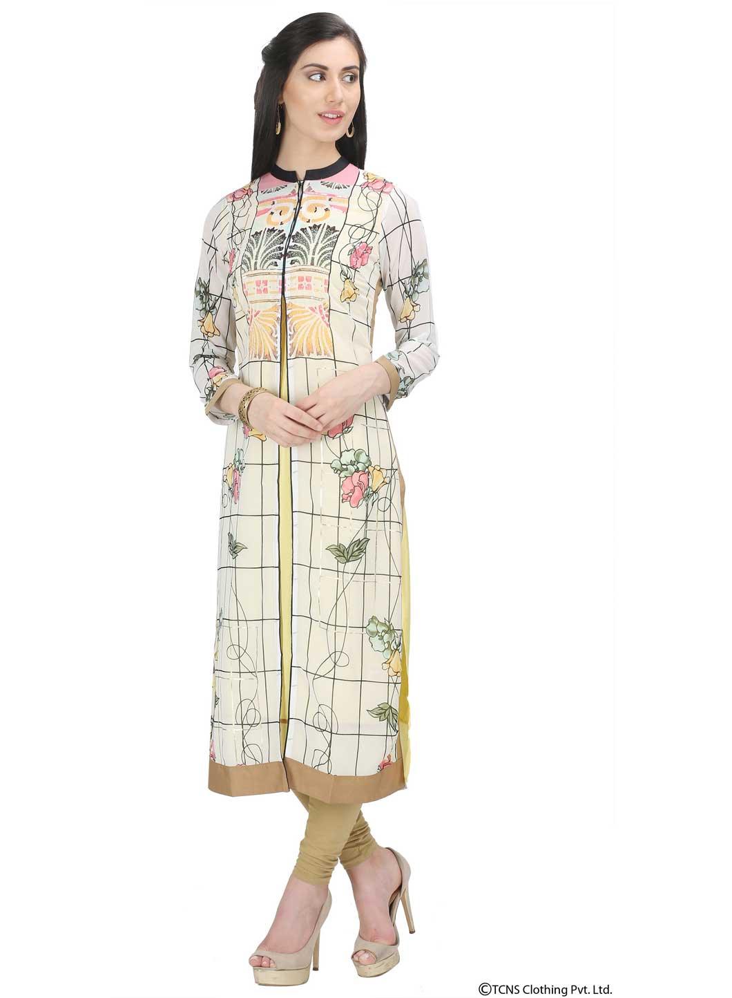 W for Woman White Printed 3/4 Sleeve kurta