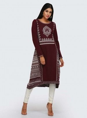 W for Woman Maroon Printed Winter kurta