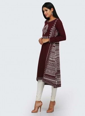 W for Woman Maroon Printed Winter kurta