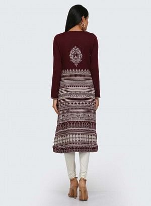 W for Woman Maroon Printed Winter kurta