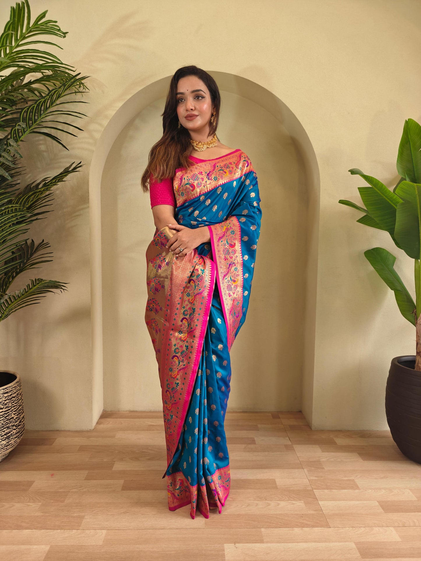 Mameraa Sarees Paithani Silk Blend Weaving Saree With Contrast Blouse-Teal Blue