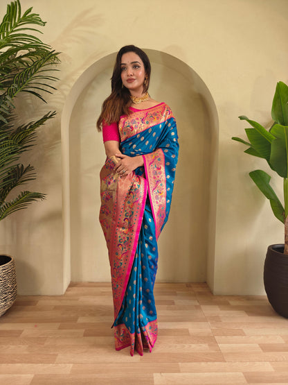 Mameraa Sarees Paithani Silk Blend Weaving Saree With Contrast Blouse-Teal Blue