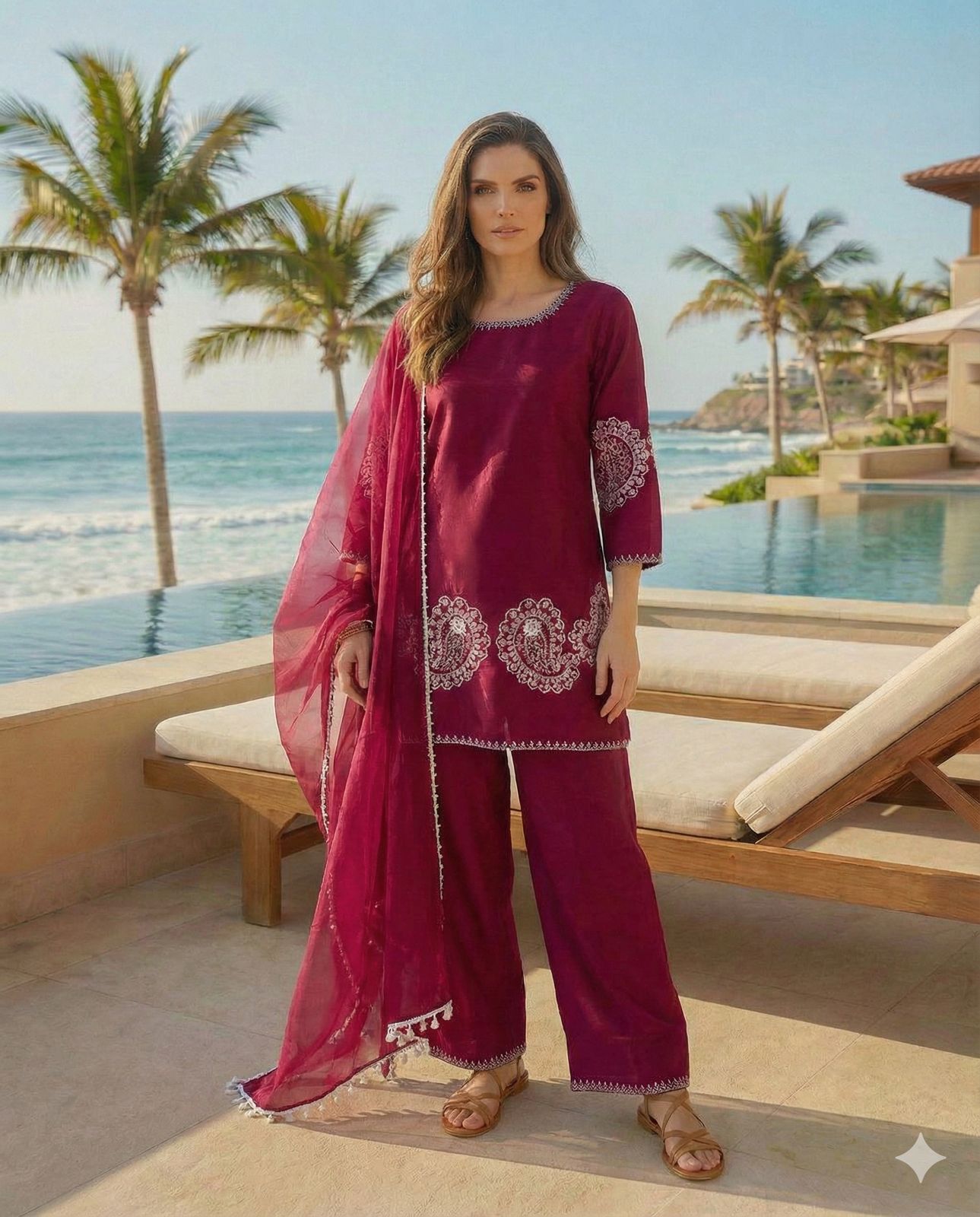 Anaita Maroon Crepe Stitched Suit With Sequence Embroidery Work